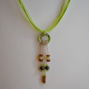 Green Shell Hoop Amber Glass Brown Beaded Pendant Necklace Silver Chain Handmade